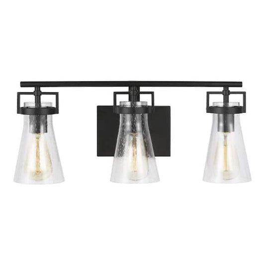 Vess 3 light Matte Black Vanity light with seeded glass
